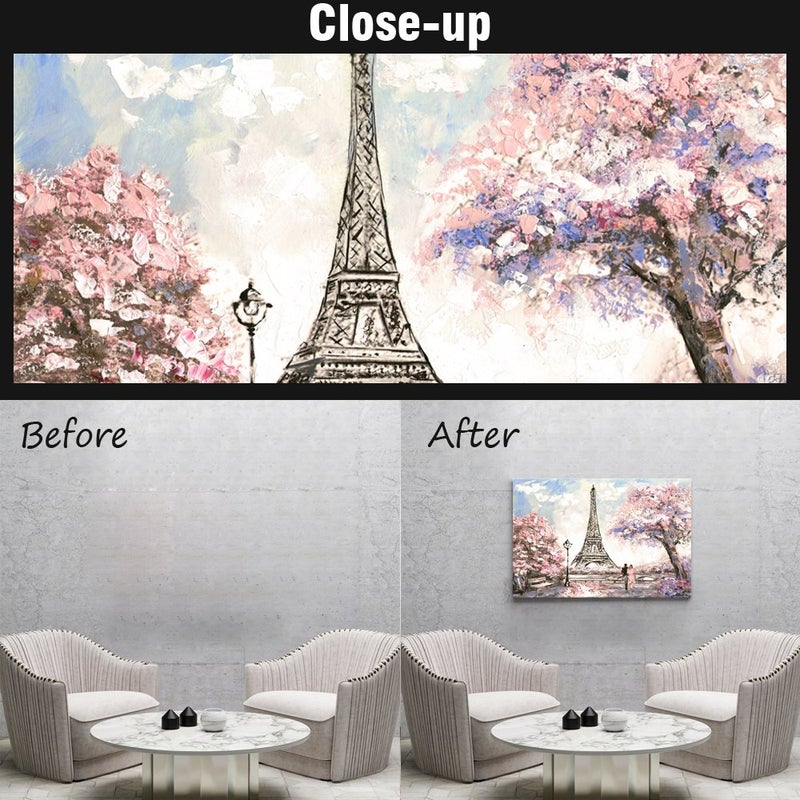 Visual Art Decor Pink Paris Canvas Wall Art Romance Couple Pink Blossoming Eiffel Tower Picture Canvas Prints Wall Art iving Room Bedroom Decoration - Image 5
